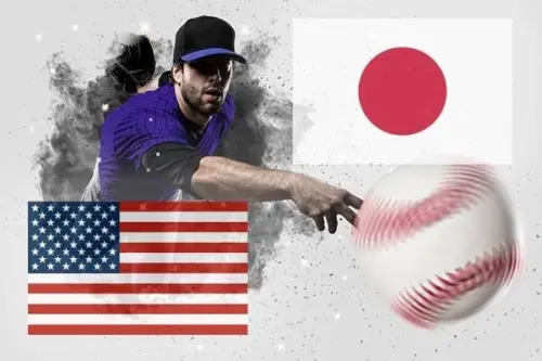 日本とアメリカ国旗。ボールを投げる選手